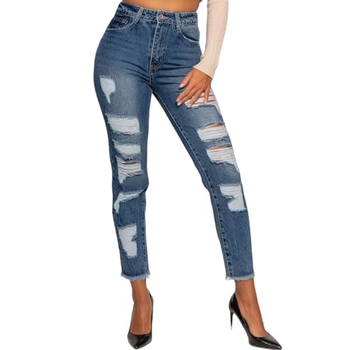 Sotala Damen High Waist Mom Jeans Hose Jeanshose Mom Fit Used Look Hochbund Destroyed Knöchellang Blau von Sotala