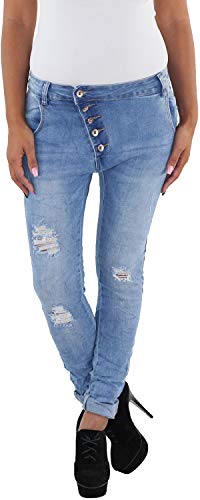 Sotala Damen Jeans Röhrenjeans Skinny Stretchhose Damenhose Boyfriend Baggy Harem Aladin Pluder Pump Hose mit Rissen zerrissen mit Löchern Ripped Destroyed Distressed Blau von Sotala