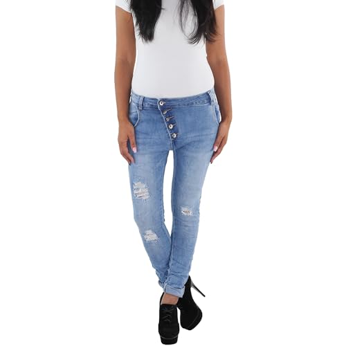 Sotala Damen Jeans Röhrenjeans Skinny Stretchhose Damenhose Boyfriend Baggy Harem Aladin Pluder Pump Hose mit Rissen zerrissen mit Löchern Ripped Destroyed Distressed Blau von Sotala