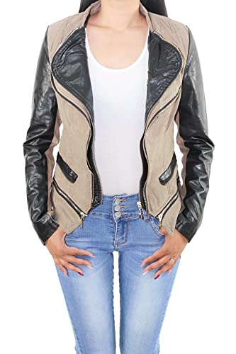 Sotala Damen Kunst Lederjacke Wildleder Look Biker Jacke Übergangsjacke 44 (2XL) Taupe von Sotala