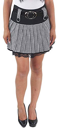 Sotala Damen Minirock Sommer kurz Rock mit Gürtel Spitze karo kariert Faltenrock Damenrock Mini Stretch Stoff Freizeit A-weiß-schwarz 40 (L) von Sotala