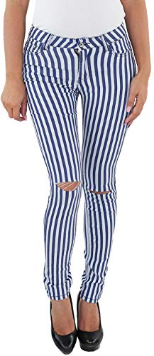 Sotala Damen Röhren Skinny Slim Fit Jeans Hüft Stretch Hose gestreift Risse zerrissen Destroyed Distressed Mit Löchern Ripped Blau Weiß A 40 (L) von Sotala