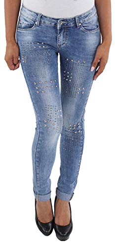Sotala Damen Skinny Röhrenjeans Hüftjeans Hose Stretch Hüfthose Röhren Slim Fit Jeans Blau Strass von Sotala