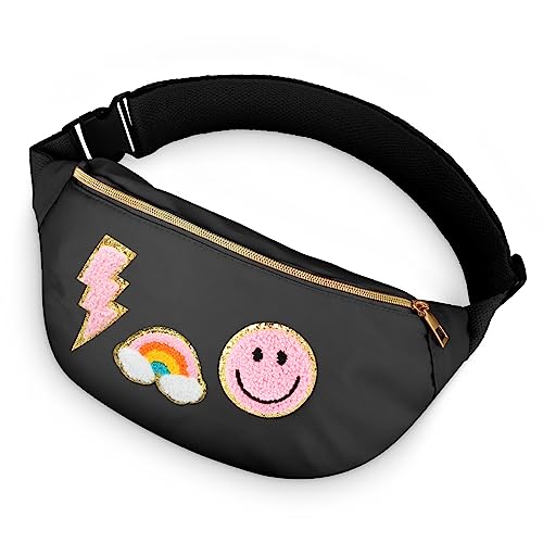 Preppy Patch Nylon Bauchtasche Lightning Hüfttasche Verstellbare Lächeln Gesicht Bauchtasche für Frauen Wasserabweisend Regenbogen Bauchtasche für Mädchen Kinder, Schwarz, Small von Sotiff