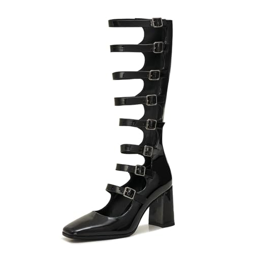 Souactimuy Damen Gothic Kniehohe Stiefel - Lackleder High Heel Kostüm Stiefel mit Schnallenriemen - Sexy Gladiator Party & Halloween Schuhe, Schwarz, 39.5 EU Souactimuy Damen Gothic Kniehohe Stiefel - Lackleder High Heel Kostüm Stiefel mit Schnallenriemen - Sexy Gladiator Party & Halloween Schuhe, Schwarz, 39.5 EU von Souactimuy
