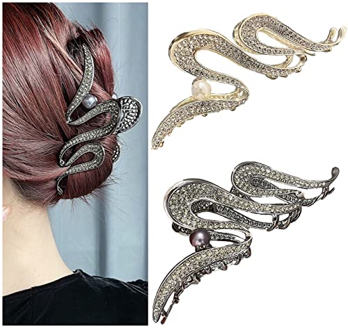 Souarts Schmetterling Blumen Haarklammer Groß Dickes Haar, Metall Haarspangen Haarklammern für Mädchen Damen, Rutschfestes Haar Jaw Clips Haarkrallen Haarstyling Zubehör (Gold Strass Perlen 2er) von Souarts