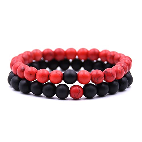 Souarts Perlenarmband Herren Damen, Männer Armband Natürliche Edelstein Mala Achat Tigerauge Yoga Energiestein Bracelet, Partnerarmbänder Paare Geschenk (Schwarz Rot) von Souarts