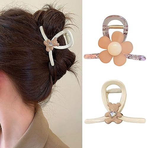 Souarts Schmetterling Blumen Haarklammer Groß Dickes Haar, Metall Haarspangen Haarklammern für Mädchen Damen, Rutschfestes Haar Jaw Clips Haarkrallen Haarstyling Zubehör (Braun Bär Blumen 2er) von Souarts