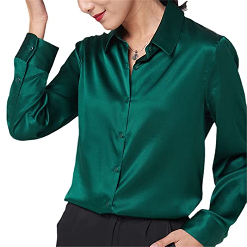 Damen Seidenhemd Langarm Frühling Top Seidenbluse Lose und Vielseitig Innenhemd Frauen Dunkelgrün S von Souchi