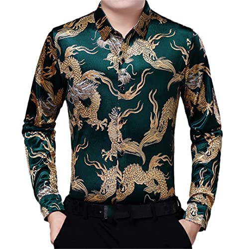 Herren grünes Samt Velours Kleid Hemden Mode Chinesischer Drache Gold Print Shirt Männer Social Casual Bequem Hemd von Souchi