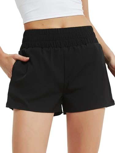 Soudittur Badeshorts Damen Badehose Hohe Taille Schnell Trocknende Boardshorts Wassersport 2 in 1 Laufhose Kurz Sporthose mit Reißverschlusstasche (XXL, Schwarz) von Soudittur