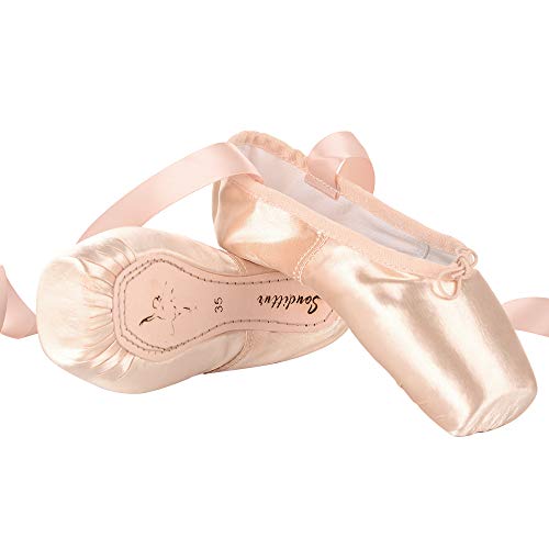 Soudittur Ballett Spitzenschuhe Satin Tanzschuhe Rosa Ballerinas mit Aufgenähten Bändern und Spitzenschoner für Damen Mädchen EU 33 von Soudittur