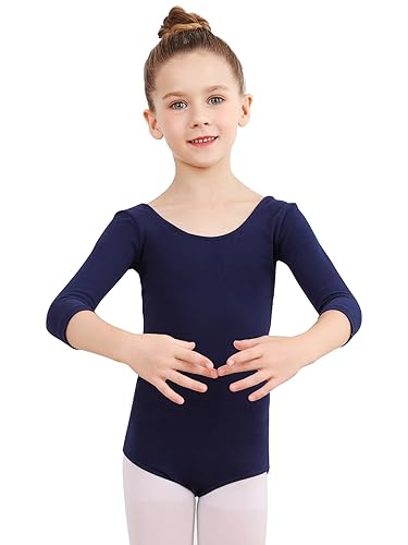 Soudittur Ballettanzug Mädchen, Kinder Ballett Trikot Baumwolle 3/4 Ärmel Ballett Body TanzBody Gymnastikanzug Turnanzug für Damen Größe 110, Marineblau von Soudittur