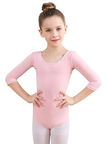 Soudittur Ballettanzug Mädchen, Kinder Ballett Trikot Baumwolle 3/4 Ärmel Ballett Body TanzBody Gymnastikanzug Turnanzug für Damen Größe 110, Rosa von Soudittur