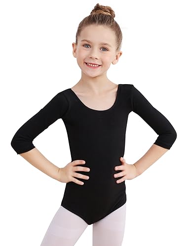 Soudittur Ballettanzug Mädchen, Kinder Ballett Trikot Baumwolle 3/4 Ärmel Ballett Body TanzBody Gymnastikanzug Turnanzug für Damen Größe 110, Schwarz von Soudittur