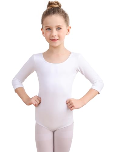 Soudittur Ballettanzug Mädchen, Kinder Ballett Trikot Baumwolle 3/4 Ärmel Ballett Body TanzBody Gymnastikanzug Turnanzug für Damen Größe 110, Weiß von Soudittur