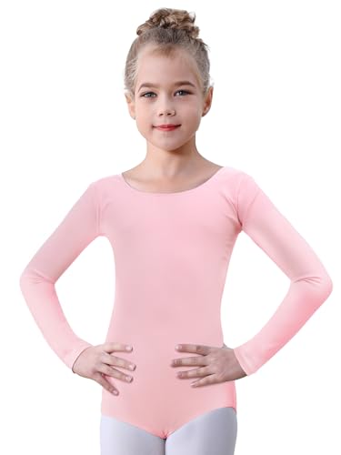 Soudittur Ballettanzug Mädchen Langarm, Kinder Ballett Trikot Baumwolle Ballett Body TanzBody Gymnastikanzug Turnanzug für Damen Größe 110-170 (Rosa, 140) von Soudittur