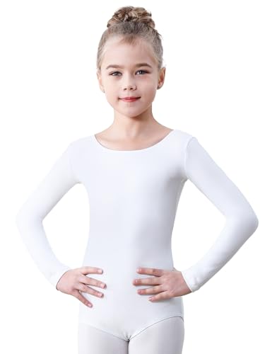 Soudittur Ballettanzug Mädchen Langarm, Kinder Ballett Trikot Baumwolle Ballett Body TanzBody Gymnastikanzug Turnanzug für Damen Größe 110-170 (Weiß, 150) von Soudittur