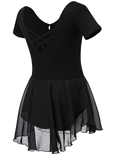 Soudittur Ballettkleidung Mädchen Ballettkleid für Kinder Baumwolle Balletttrikot Kurzarm Ballettanzug Tanzkleid Tanzbody mit Chiffon Rock Tütü(110,Schwarz) von Soudittur