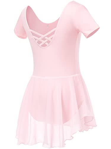 Soudittur Ballettkleidung Mädchen Ballettkleid für Kinder Baumwolle Balletttrikot Kurzarm Ballettanzug Tanzkleid Tanzbody mit Chiffon Rock Tütü(120,Rosa) von Soudittur