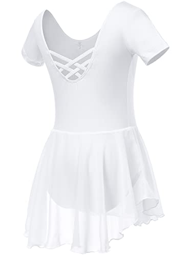 Soudittur Ballettkleidung Mädchen Ballettkleid für Kinder Baumwolle Balletttrikot Kurzarm Ballettanzug Tanzkleid Tanzbody mit Chiffon Rock Tütü(130,Weiß) von Soudittur