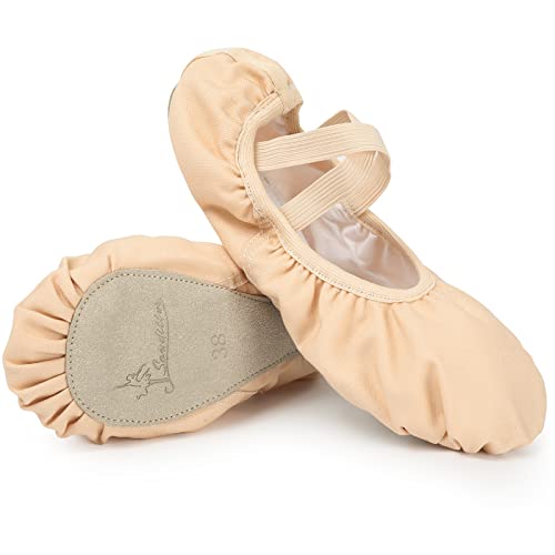 Soudittur Ballettschuhe Mädchen Ballettschläppchen Damen Tanzschuhe Gymnastikschuhe Yogaschuhe Durchgehende Ledersohle für Kinder und Erwachsene (Beige, Numeric_25) von Soudittur