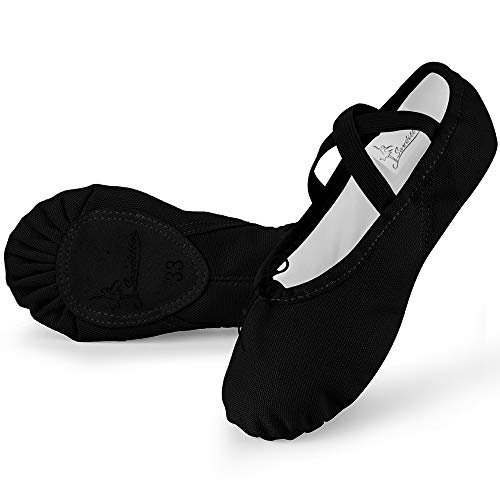 Soudittur Ballettschuhe Mädchen Ballettschläppchen Trainings Tanzschuhe Gymnastikschuhe Yogaschuhe Geteilte Ledersohle für Kinder und Damen EU 23 Schwarz von Soudittur