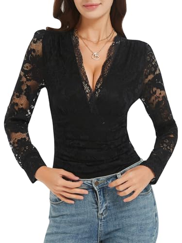 Soudittur Damen Body Spitzen V-Ausschnitt Bodysuit Blusenbody Elegante Spitzenbody mit Langarm (Schwarz, S) von Soudittur