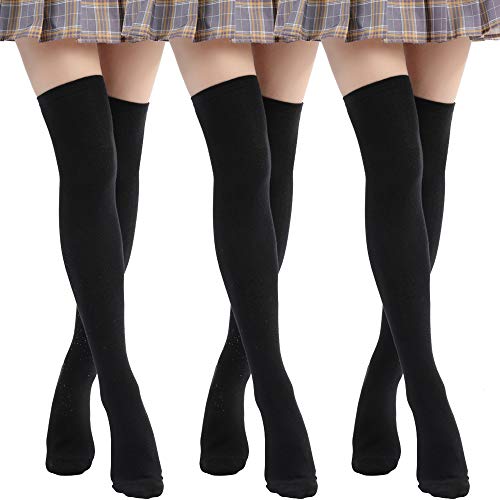 Soudittur Damen Kniestrümpfe Overknee Strümpfe Warme Knitting High knee Socks Mädchen Sport Socken Leggings Strümpfe Cheerleader Baumwollstrümpfe (3 Paare Schwarz - A) von Soudittur