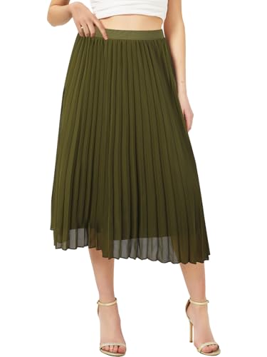Soudittur Damen Sommer Chiffon Rock A-Linie Plissee-Rock Midilänge Faltenrock mit Elastischer Taille Leichter Flowy Midirock für Freizeit, Strand & Party(Grün, L) von Soudittur