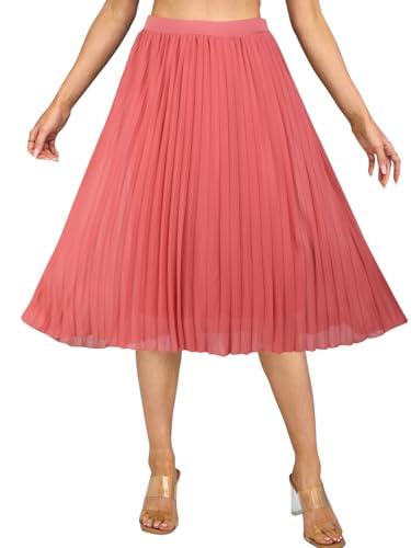 Soudittur Damen Sommer Chiffon Rock A-Linie Plissee-Rock Midilänge Faltenrock mit Elastischer Taille Leichter Flowy Midirock für Freizeit, Strand & Party(Hellrot, M) von Soudittur