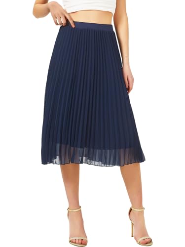 Soudittur Damen Sommer Chiffon Rock A-Linie Plissee-Rock Midilänge Faltenrock mit Elastischer Taille Leichter Flowy Midirock für Freizeit, Strand & Party(Marineblau, S) von Soudittur