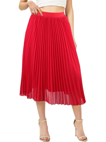 Soudittur Damen Sommer Chiffon Rock A-Linie Plissee-Rock Midilänge Faltenrock mit Elastischer Taille Leichter Flowy Midirock für Freizeit, Strand & Party(Rot, M) von Soudittur