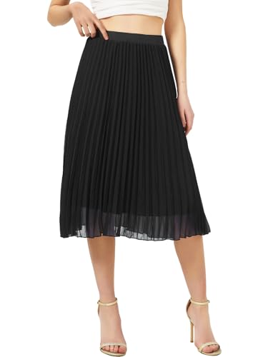 Soudittur Damen Sommer Chiffon Rock A-Linie Plissee-Rock Midilänge Faltenrock mit Elastischer Taille Leichter Flowy Midirock für Freizeit, Strand & Party(Schwarz, S) von Soudittur