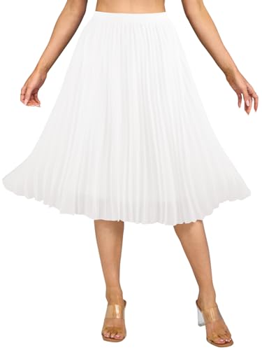Soudittur Damen Sommer Chiffon Rock A-Linie Plissee-Rock Midilänge Faltenrock mit Elastischer Taille Leichter Flowy Midirock für Freizeit, Strand & Party(Weiß, M) von Soudittur