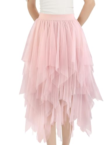 Soudittur Damen Tüllrock A-Linie Midirock Mehrlagig Feenrock Unregelmäßiger Skater Röcke Tutu Rock Halloween Karneval Party Röcke (DE/NL/SE/PL, Alphanumerisch, S, XL, Regular, Regular, Rosa) von Soudittur