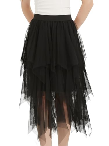 Soudittur Damen Tüllrock A-Linie Midirock Mehrlagig Feenrock Unregelmäßiger Skater Röcke Tutu Rock Halloween Karneval Party Röcke (DE/NL/SE/PL, Alphanumerisch, S, XL, Regular, Regular, Schwarz) von Soudittur