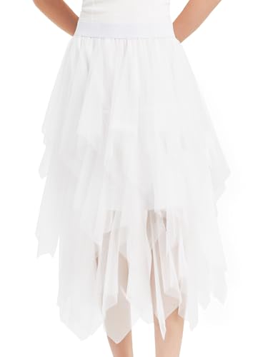 Soudittur Damen Tüllrock A-Linie Midirock Mehrlagig Feenrock Unregelmäßiger Skater Röcke Tutu Rock Halloween Karneval Party Röcke (DE/NL/SE/PL, Alphanumerisch, S, XL, Regular, Regular, Weiß) von Soudittur