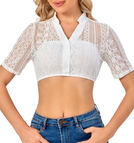 Soudittur Dirndl Bluse Damen Weiß, Dirndlbluse Spitze Kurzarm DirndlBlusen mit V Ausschnitt Trachtenbluse für Oktoberfest (M, Weiße) von Soudittur