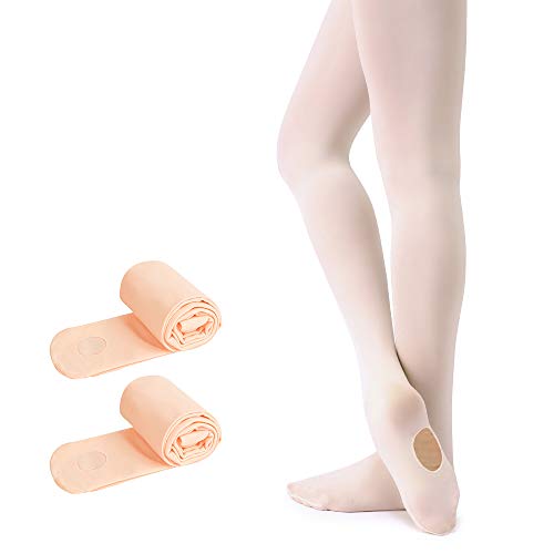 Soudittur Kinder Ballett Strumpfhose Convertible Tanz-Strumpfhosen mit Fersenloch 90D für Mädchen und Damen Rosa(2 Paar), Gr.- L (140-165 cm) von Soudittur