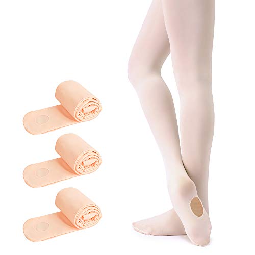 Soudittur Kinder Ballett Strumpfhose Convertible Tanz-Strumpfhosen mit Fersenloch 90D für Mädchen und Damen Rosa(3 Paar), Gr.- L (140-165 cm) von Soudittur