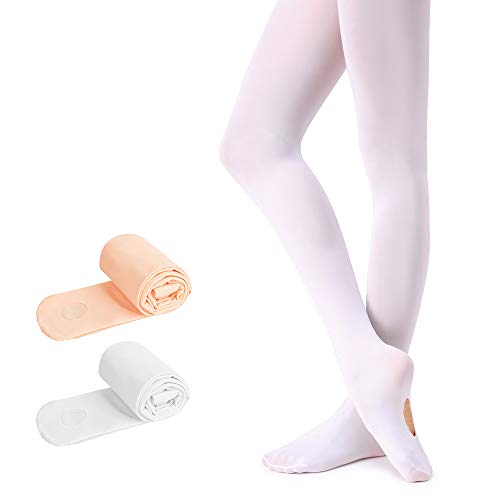 Soudittur Kinder Ballett Strumpfhose Convertible Tanz-Strumpfhosen mit Fersenloch 90D für Mädchen und Damen Weiß und Rosa(2 Paar), Gr.- L (140-165 cm) von Soudittur