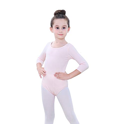 Soudittur Kinder Ballettanzug Baumwolle 3/4 Langarm Ballett Trikot Tanz-Body Turnanzug für Mädchen (Rosa, Tag 110(Höhe: 105-115 cm)) von Soudittur