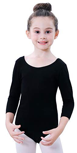 Soudittur Kinder Ballettanzug Baumwolle 3/4 Langarm Ballett Trikot Tanz-Body Turnanzug für Mädchen (Schwarz, Tag 140(Höhe: 135-145 cm)) von Soudittur