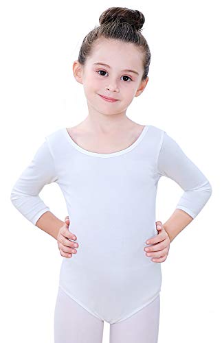 Soudittur Kinder Ballettanzug Baumwolle 3/4 Langarm Ballett Trikot Tanz-Body Turnanzug für Mädchen (Weiß, Tag 100 (Höhe: 95-105 cm)) von Soudittur