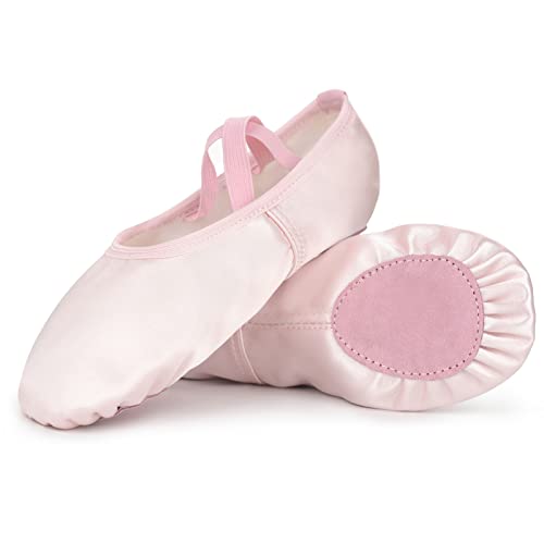 Soudittur Kinder Ballettschuhe Rosa Satin Geteilte Ledersohle Tanzschuhe Ballettschläppchen für Mädchen Damen in EU 24(Bitte wählen Sie eine Nummer größer) von Soudittur