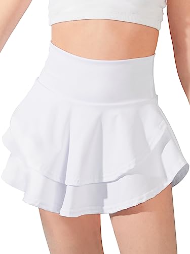 Soudittur Mädchen Tennisrock, Golf Skorts mit Taschen Innenhose Doppelte Rüschen Sportrock Kinder Hohe Taile Minirock (XS, Alter 5-6, Weiß) von Soudittur