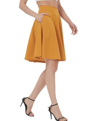 Soudittur Plisseerock Damen Basic Solid Midi-Rock Elegant Faltenrock Elastisch Hohe Taille Plisseerock Knielang Skater Rock mit Reißverschlusstasche (L, Gelb-midi) von Soudittur