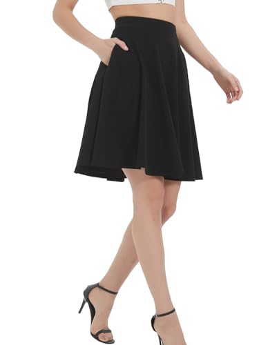 Soudittur Plisseerock Damen Basic Solid Midi-Rock Elegant Faltenrock Elastisch Hohe Taille Plisseerock Knielang Skater Rock mit Reißverschlusstasche (M, Schwarz-midi) von Soudittur