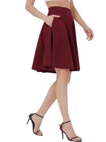 Soudittur Plisseerock Damen Basic Solid Midi-Rock Elegant Faltenrock Elastisch Hohe Taille Plisseerock Knielang Skater Rock mit Reißverschlusstasche (S, Weinrot-midi) von Soudittur